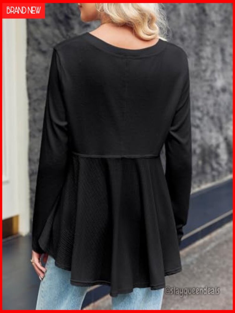 V-Neck Long Sleeve Peplum Tunic Top Flowy Babydoll Blouse Loose Fit - Picture 4 of 6